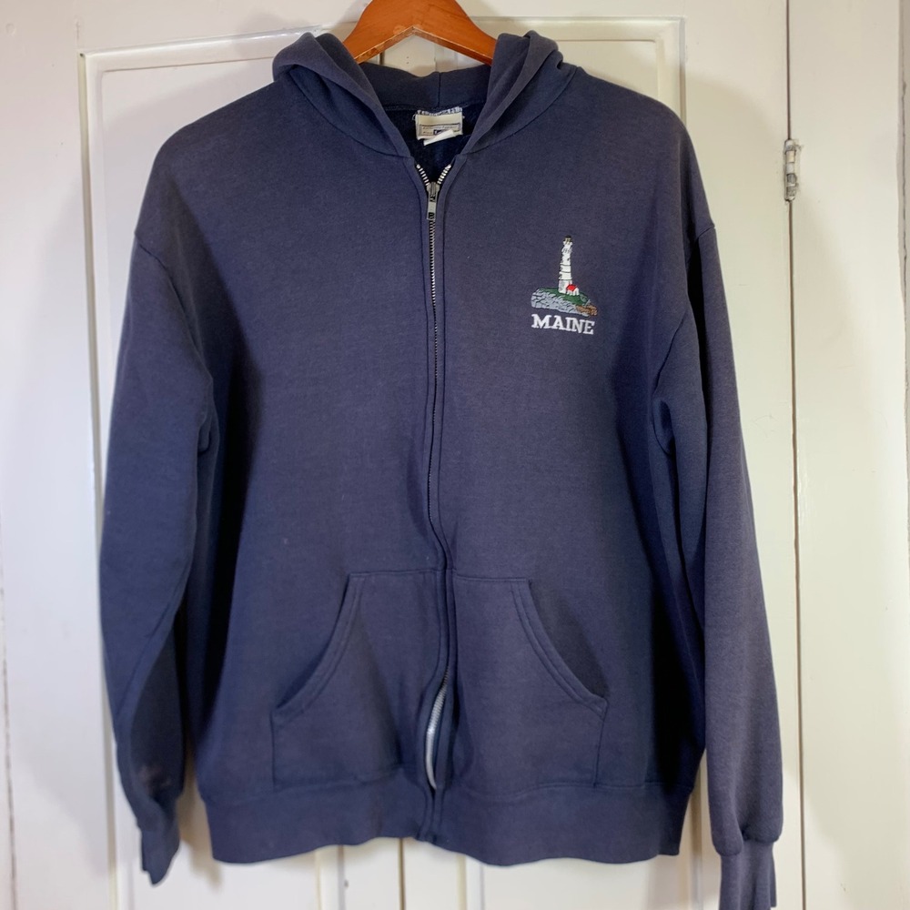 Vintage Maine Lighthouse Lee Heavyweight Hoodie Navy Blue Zip Up Embroidered L